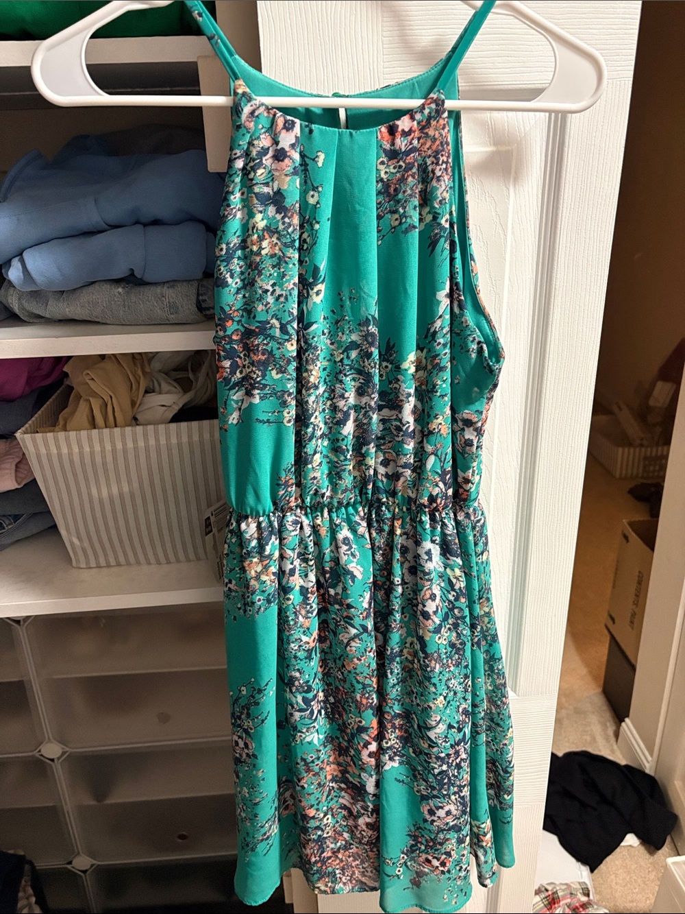 Iz Byer Teal Floral Halter Mini Dress